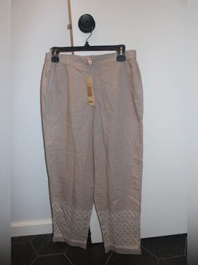 Fabindia NWT Embroidered Cropped Linen Blend Salwar Pants Khaki Taupe - Size 30